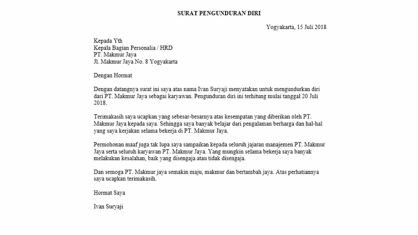 contoh surat resign kerja yang baik dan benar