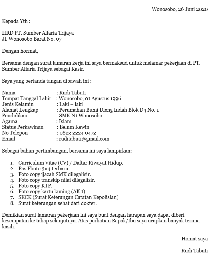 contoh surat lamaran kerja di alfamart