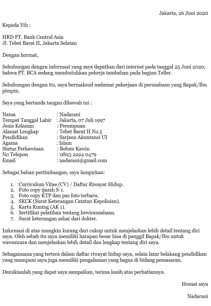 contoh surat lamaran kerja di bank