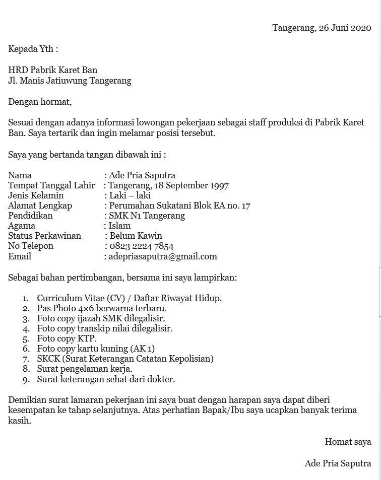 contoh surat lamaran kerja di pabrik