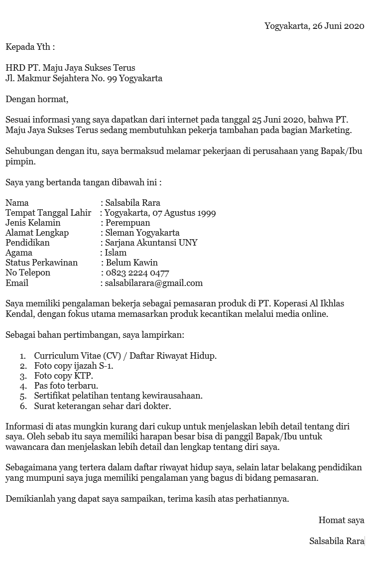 contoh surat lamaran kerja di pt