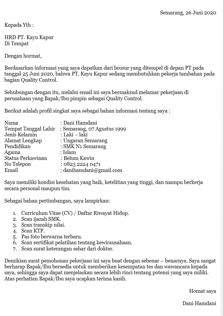 contoh surat lamaran kerja melalui email