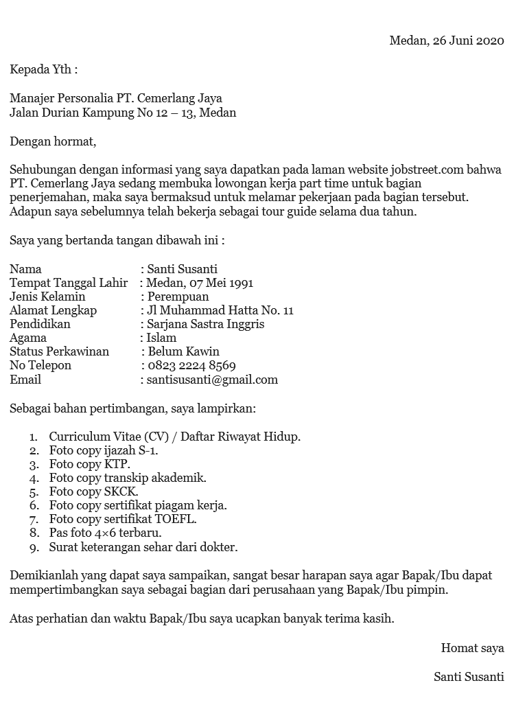 contoh surat lamaran kerja part time