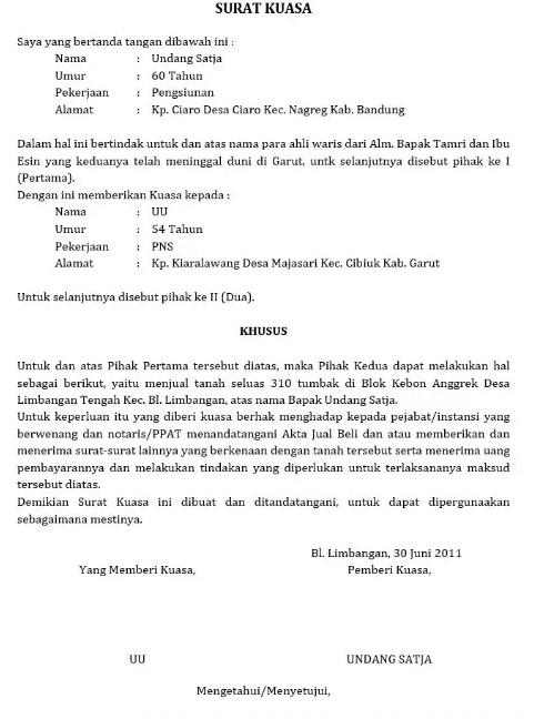 Contoh Surat Kuasa Penjualan Tanah